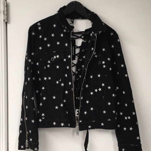 Diesel  Black Denim  Jachet, Embroidery White Stars  skull  open laced back - Picture 1 of 16